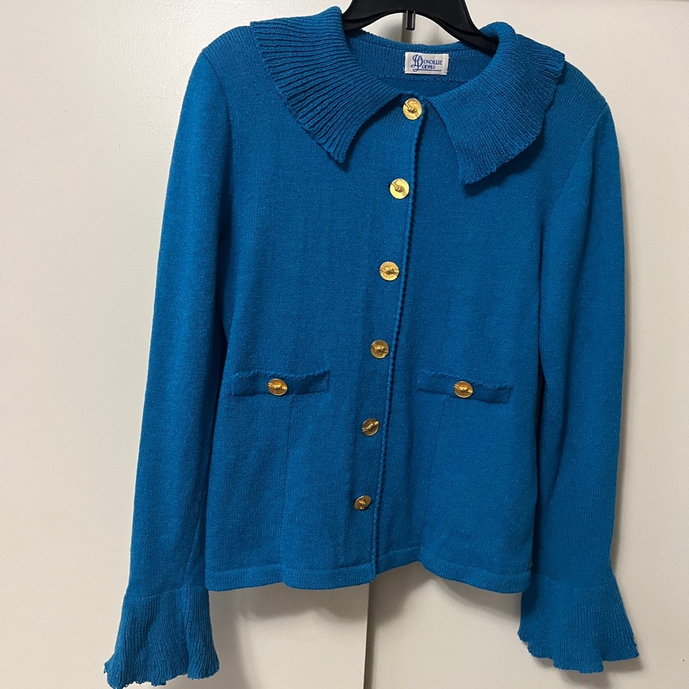 Dunollie Looms Vintage Sweater 1980s w shoulder pads ribbed collar gold buttons